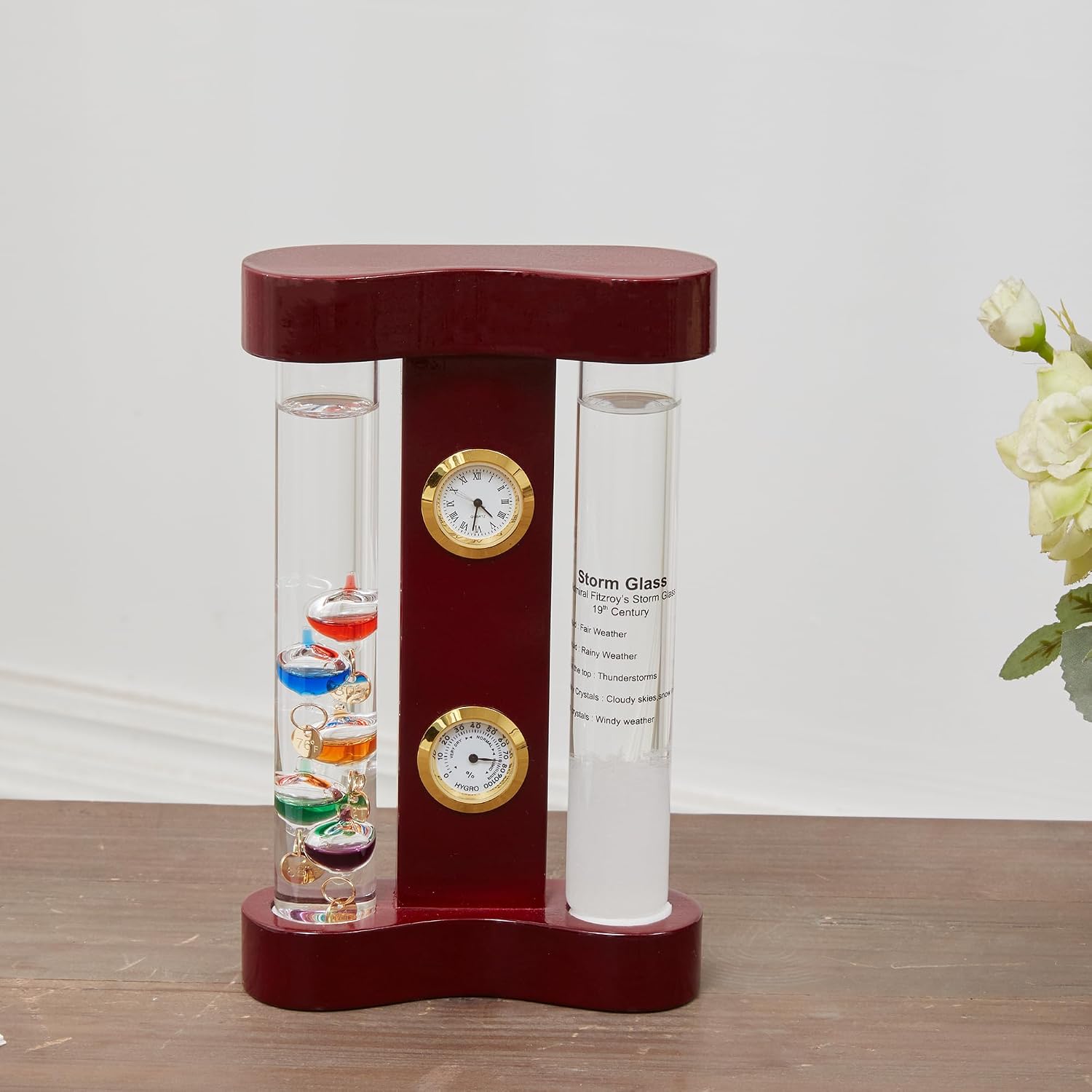 Analog Weather Station with Glass Galileo Thermometer Fitzroy Storm | Precision Quartz Clock and Analog Hygrometer