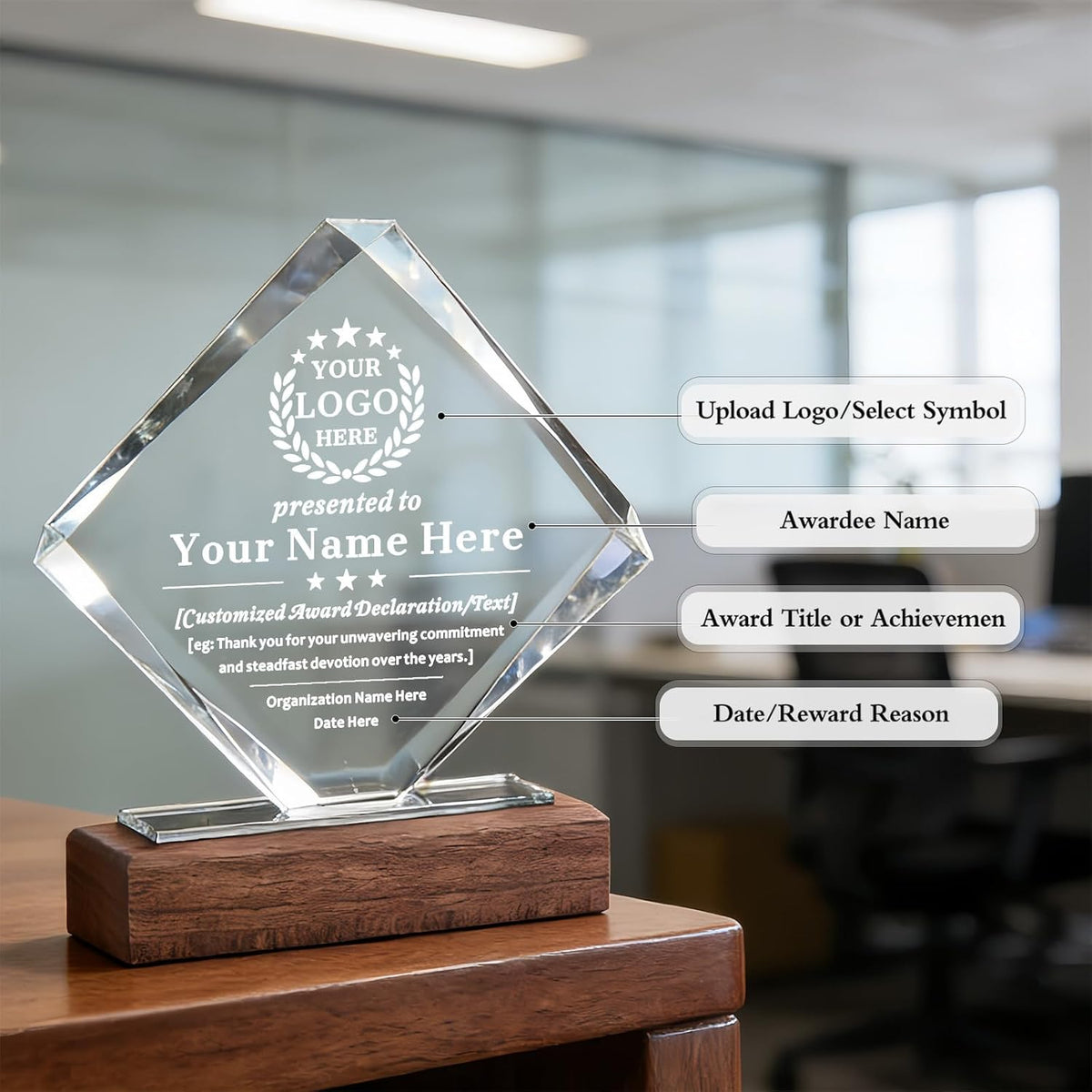 SHIP NEXT DAY, Personalized Crystal Award Trophy - Custom with Company Logo Text & Employee Name, Engraved Award for