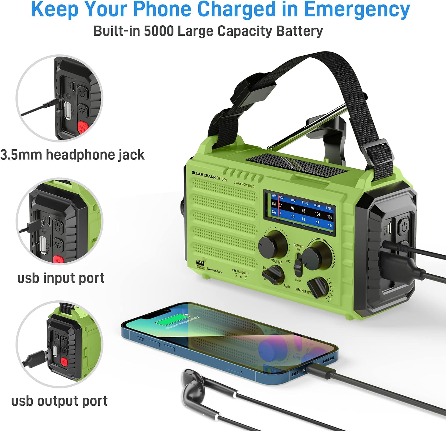 NOAA Weather Radio, Hand Crank Emergency Radio Solar Battery Operated AM FM | Portable Radio with AM/FM Shortwave