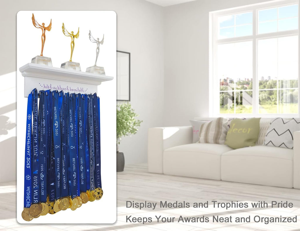 Premium Trophy Shelf and Medal Hanger Featuring Solid Wooden and Sturdy Ribbon Hooks. Wall Mount Medal Holder Display