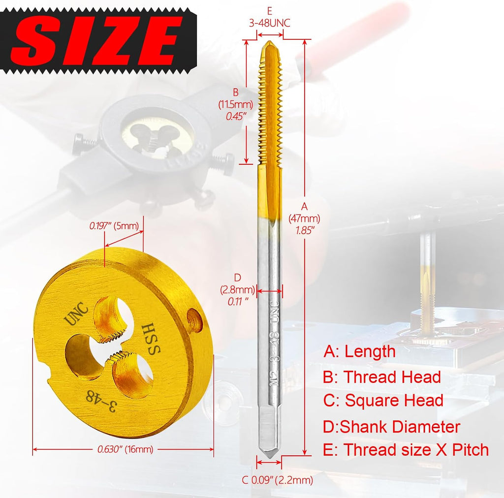 3-48 UNC Tap and Die Set for Metal,M2 HSS Thread Tap & Round Die Set