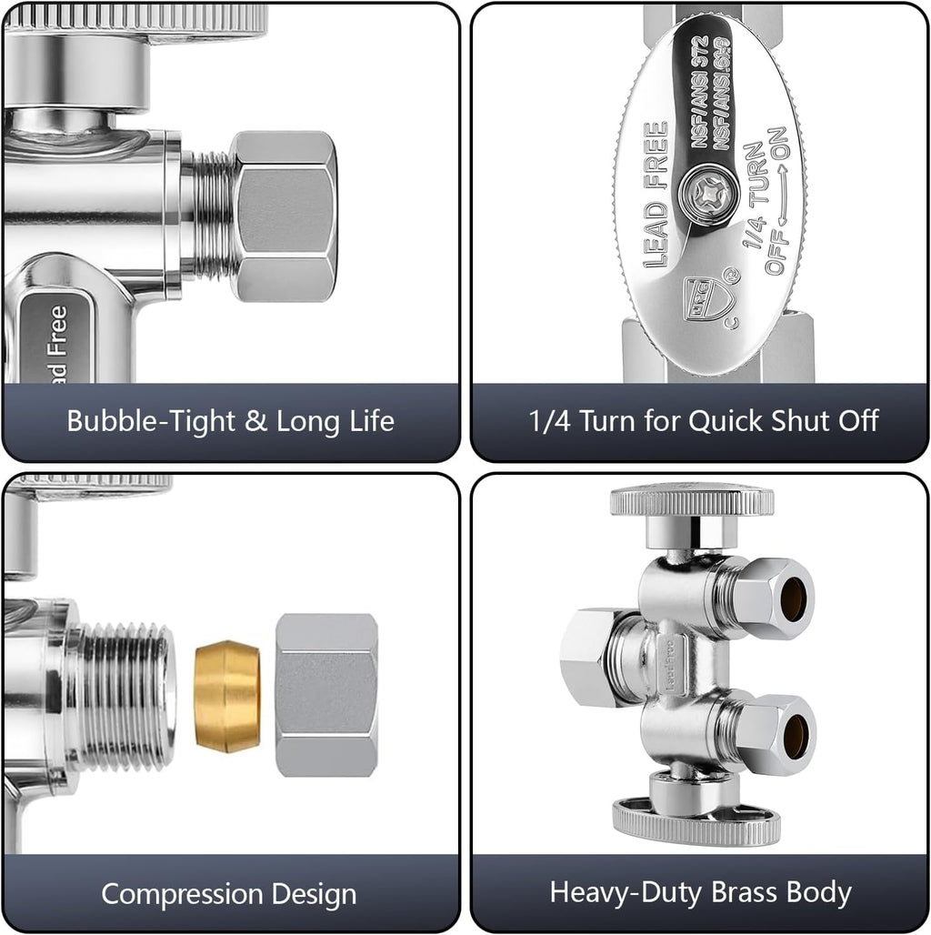 1/2" NOM (5/8" OD) x 3/8" OD x 3/8" OD Dual Shut Off Valve | Chrome Plated Brass 1/4 Turn Double Straight Stop for