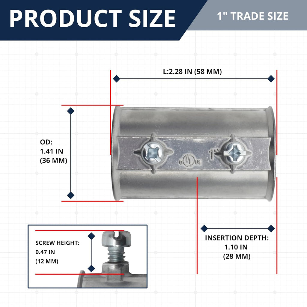 1" UL Listed EMT Screw Coupling, Zinc Plated Steel, 10 Pack