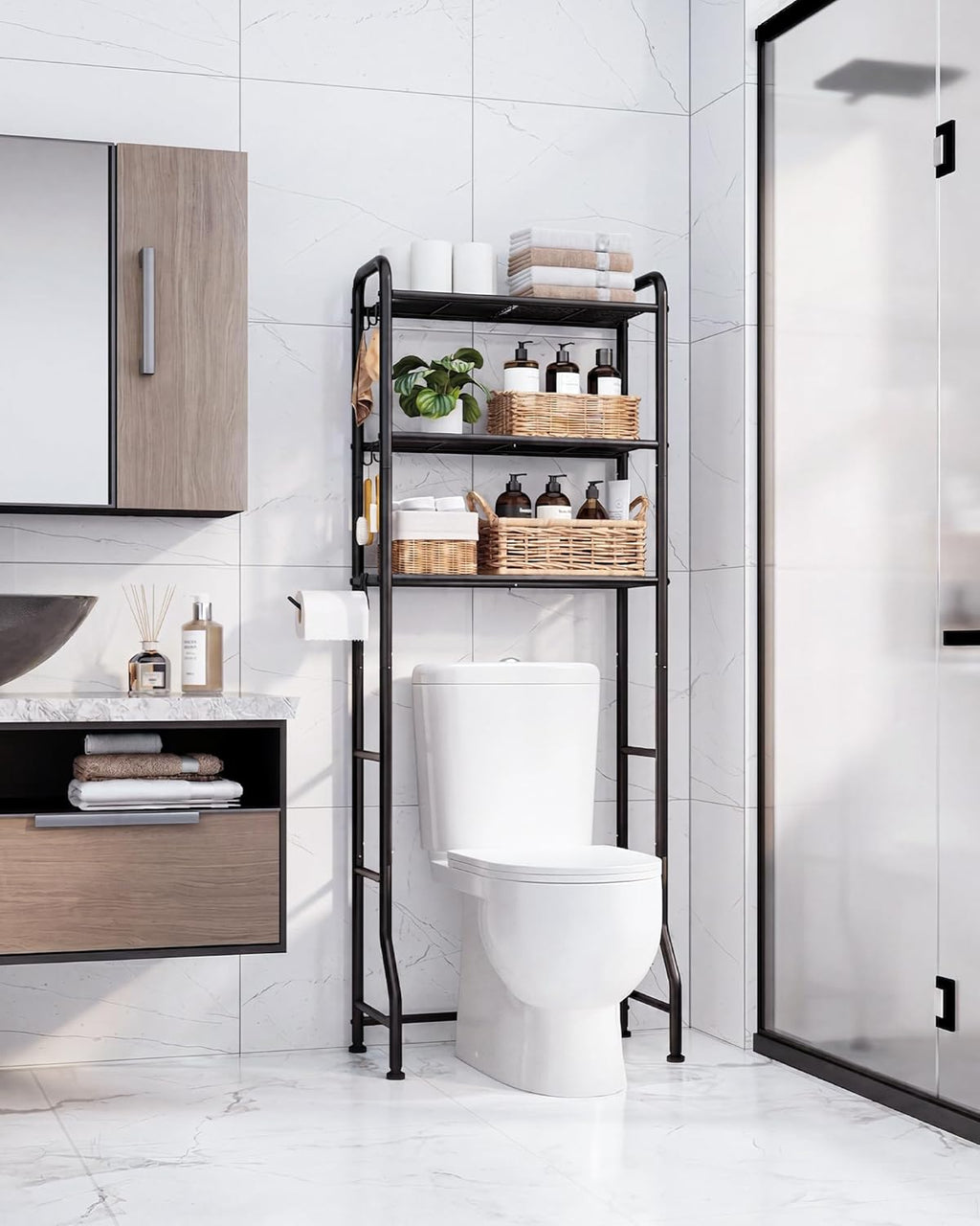 Over Toilet Storage Rack, 63.2" H Space-Saving, Holder & Hooks | Bathroom, Laundry Room, Small Spaces, Families
