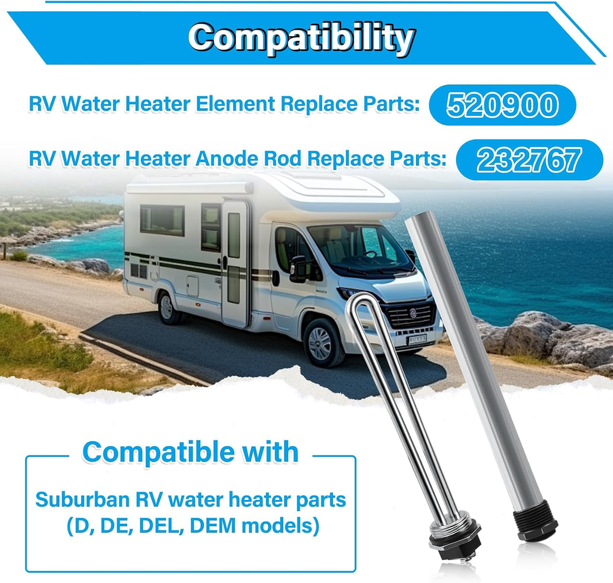 RV Water Heater Elements Kit Compatible with Suburban Water Heater Tanks, Include 9.25" Magnesium Anode Rod*1, 520900 Electric Water Heating Element*1, Dual Hex Wrench*1 and Tape*1 Replacement Parts