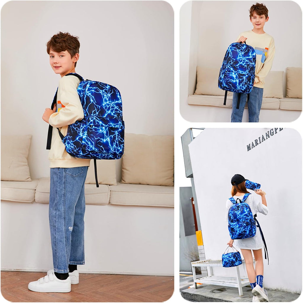 Boy School Backpack Elementary Middle Lightning Bookbag Laptop Teenager Waterproof Lightweight 17 Inches (1-Blue)