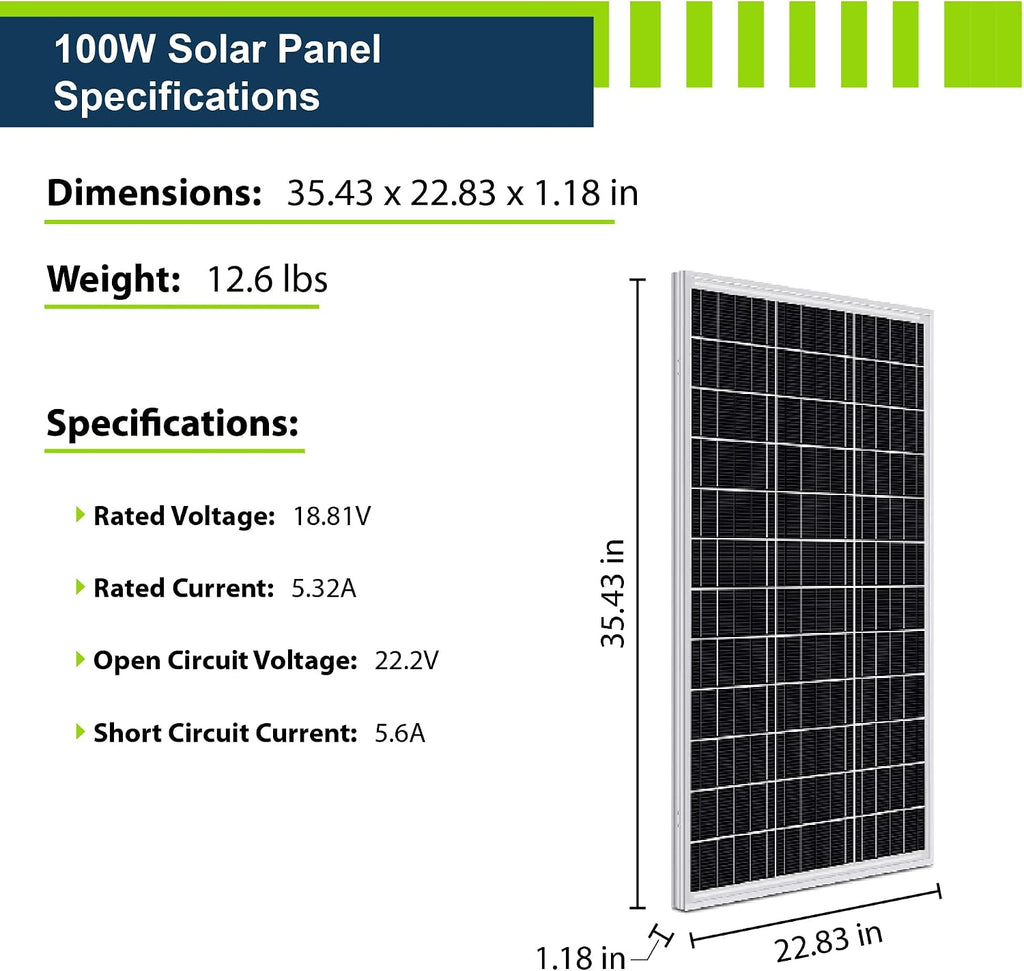 100W 12V Solar Power Kit | 12V 20Ah LiFePO4 Lithium Battery | 100W Mono Rigid Solar Panel, 10A PWM Solar Charge