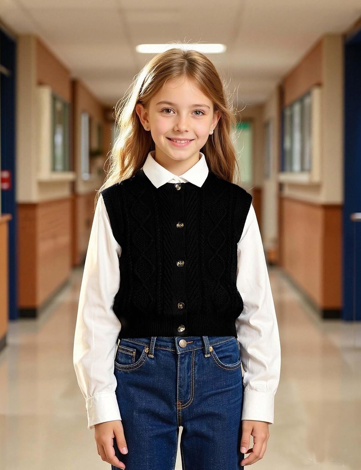 Kid Girls Sweater Vest Sleeveless Button Down Knit Cardigan School Uniform Sweater Vest Top 5-13Y
