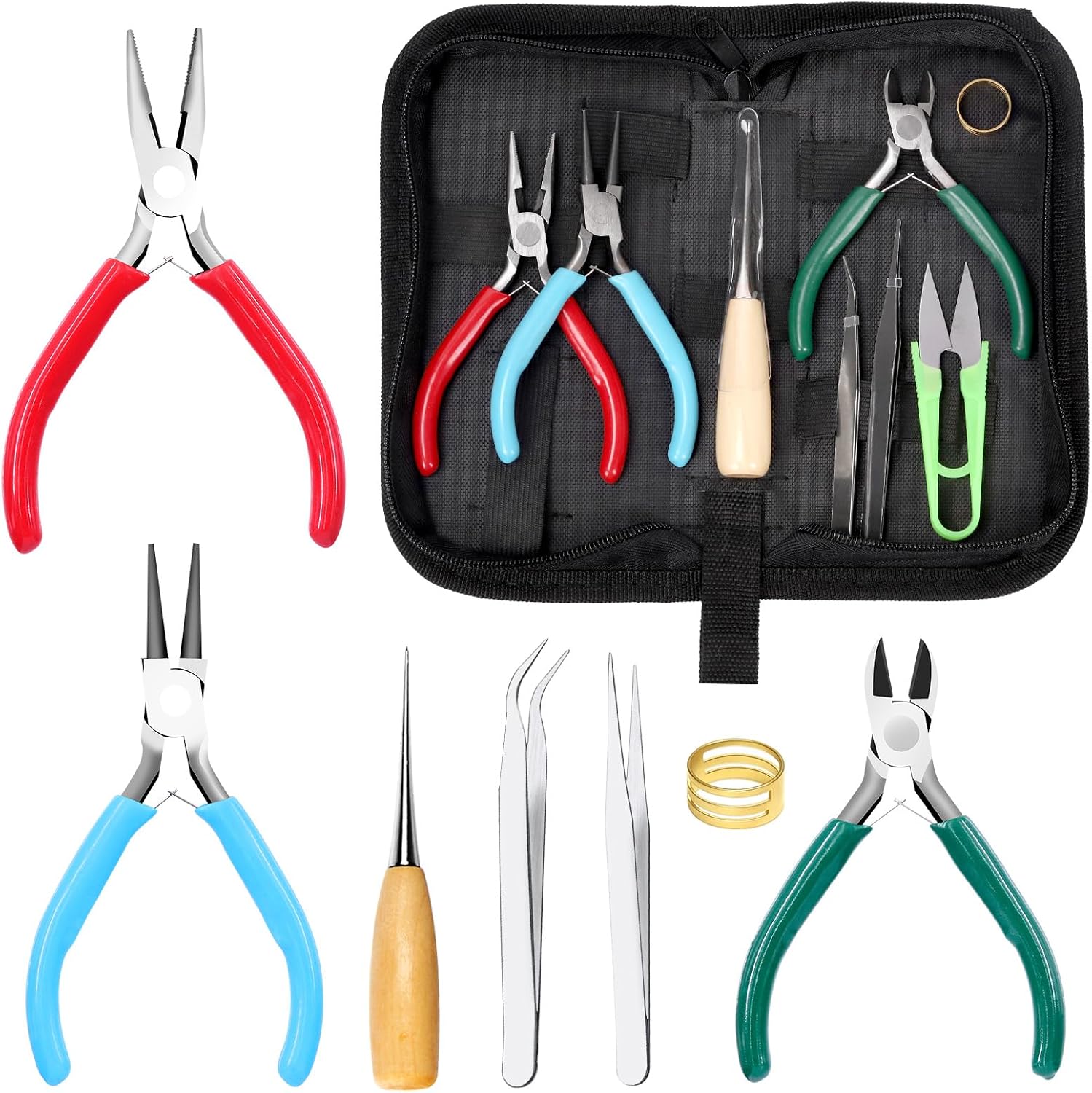 8Pcs Jewelry Pliers Set - 4.5" Round Nose, Wire Cutting, Chain Nose Pliers With Tweezers, Jump Ring Opener for