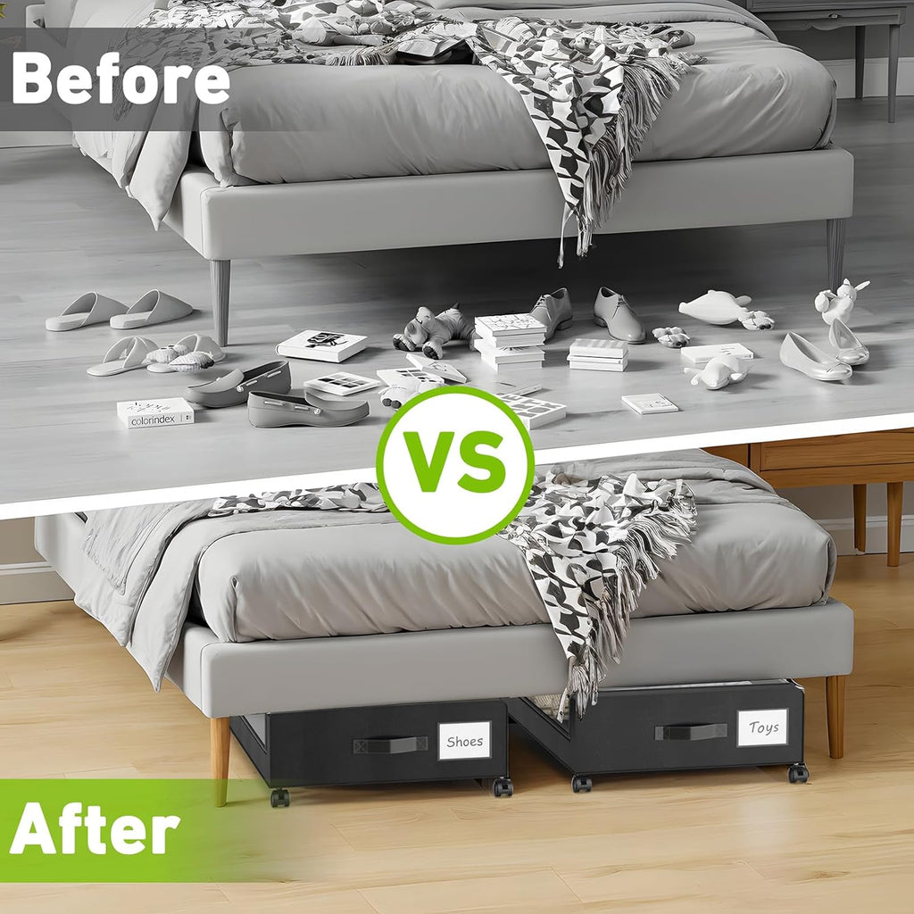 Under Bed Storage with Wheels, 2-Pack Under the Bed Storage Containers with Clear Lids & Label, Underbed Storage
