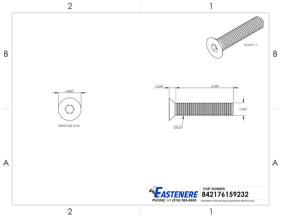 1/2-13 x 2-1/2" Flat Head Socket Cap Screws, Allen Socket Drive, Stainless Steel 18-8, Full Thread, Bright Finish, Machine Thread, Quantity 50 By Fastenere