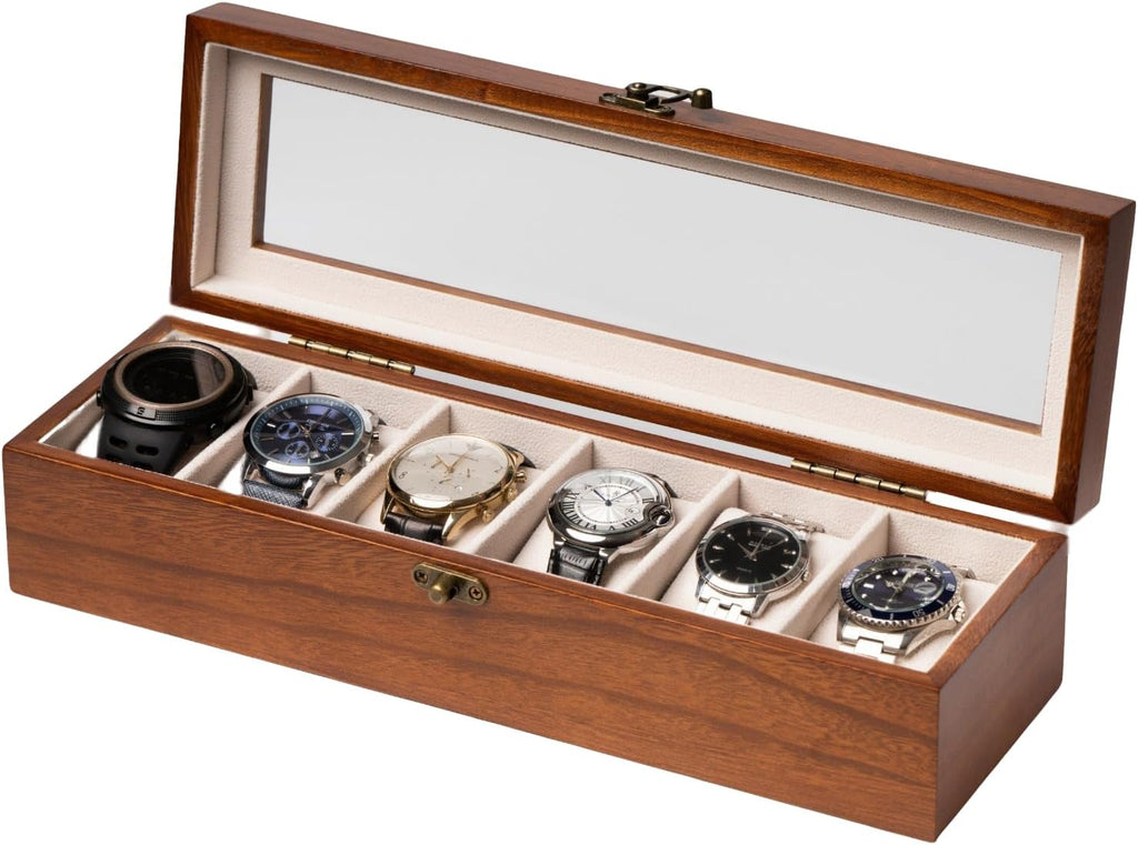 Watch Box, Watch Case for Men Women with Large Glass Lid, Wooden Watch Display Storage Box with 6 - Slots, Classic