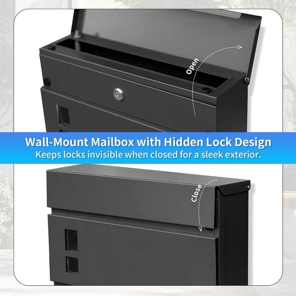 Wall Mount Mailboxes, Locking Modern Drop Mailbox for Outside, Large Capacity Galvanized Steel Post Box with