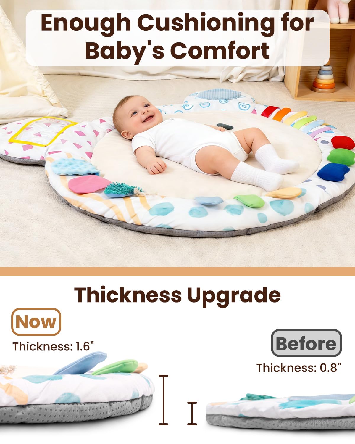 Baby Play Gym, Thickened and Non Slip Activity Mat, 5 Developmental Zones Tummy Time Mat with 5 Detachable Sensory