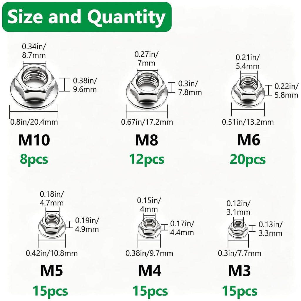 85PCS Hex Flange Nuts Assortment, 304 SS, 6 Metric Sizes M3-M10