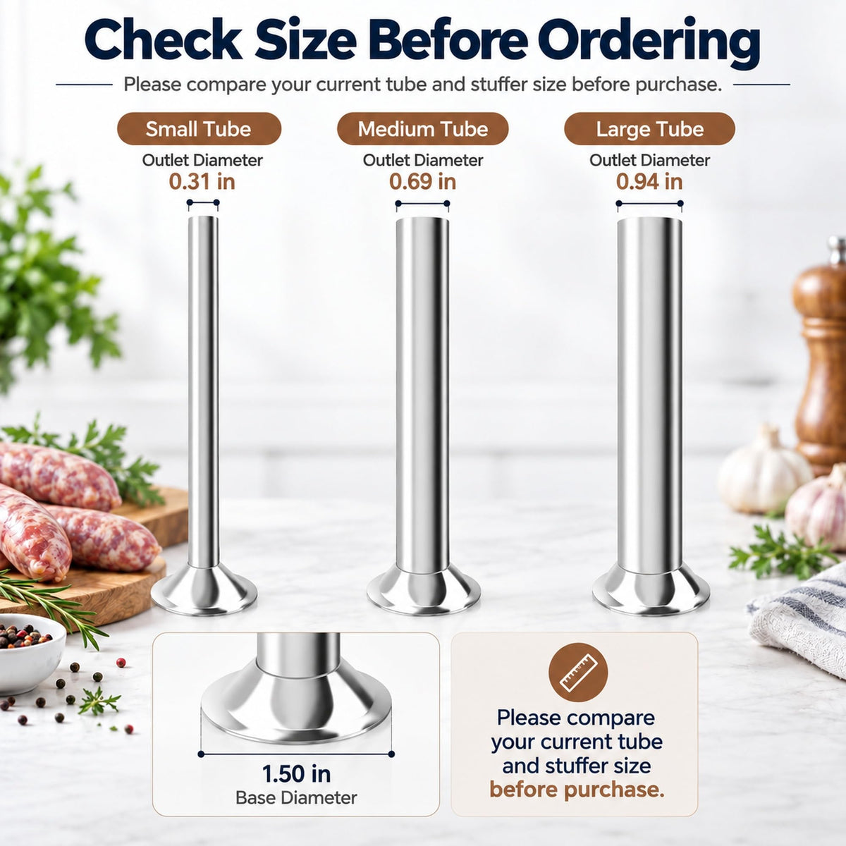 3-Size Stainless Steel Sausage Stuffing Tubes for LEM Stuffers