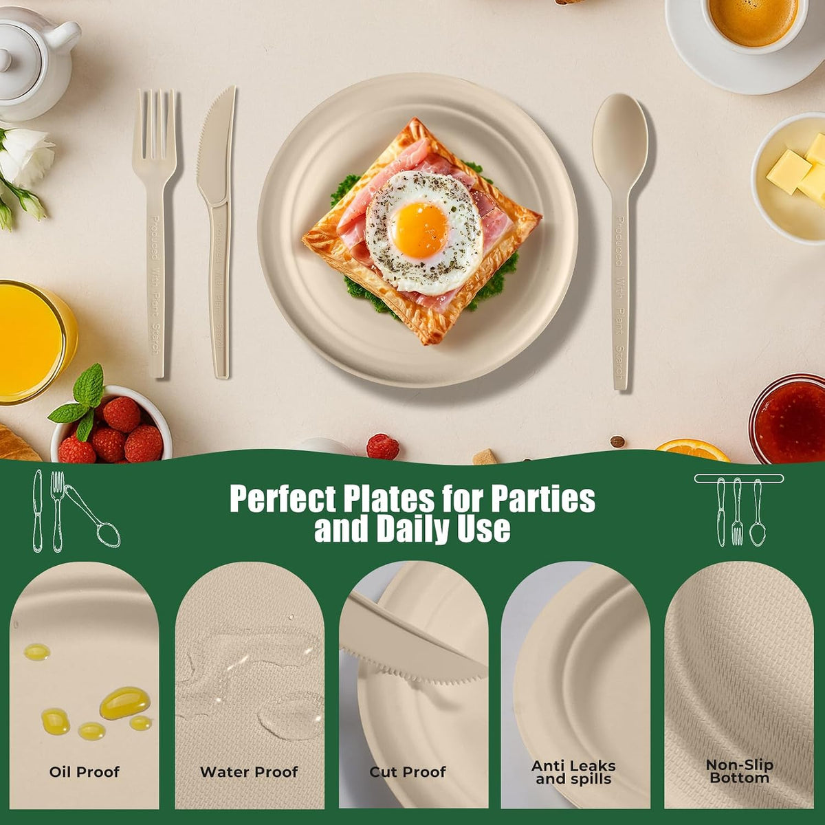 250 Piece Biodegradable Paper Plates Set Disposable Dinnerware Set, Eco Friendly Compostable (EXTRA LONG UTENSILS)