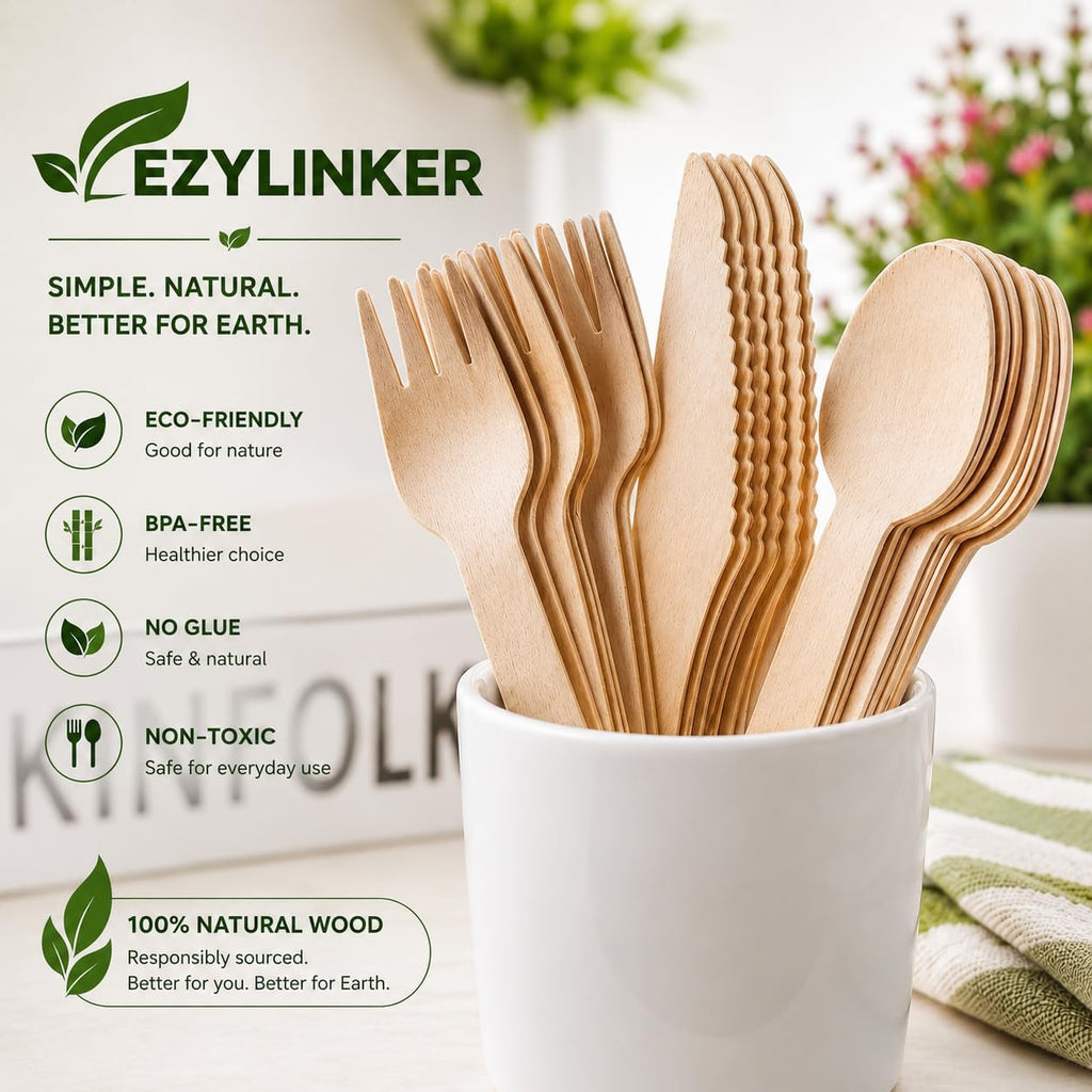 (150 Pcs) Special Edition Compostable Cutlery Set - Disposable Wooden Cutlery Set - Alternative to Plastic, Eco