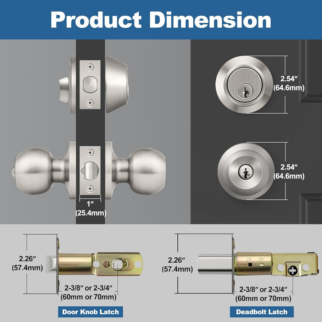 Keyed Same Exterior Door Knob and Single Cylinder Deadbolt Combo Set, Keyed Alike Entry Door Knobs with Lock and Keys