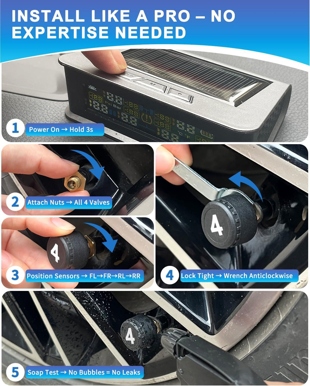 RV TPMS Tire Pressure Monitor, 6 Sensors, 0-144 PSI, Solar Display | Custom alerts, color screen, USB rechargeable