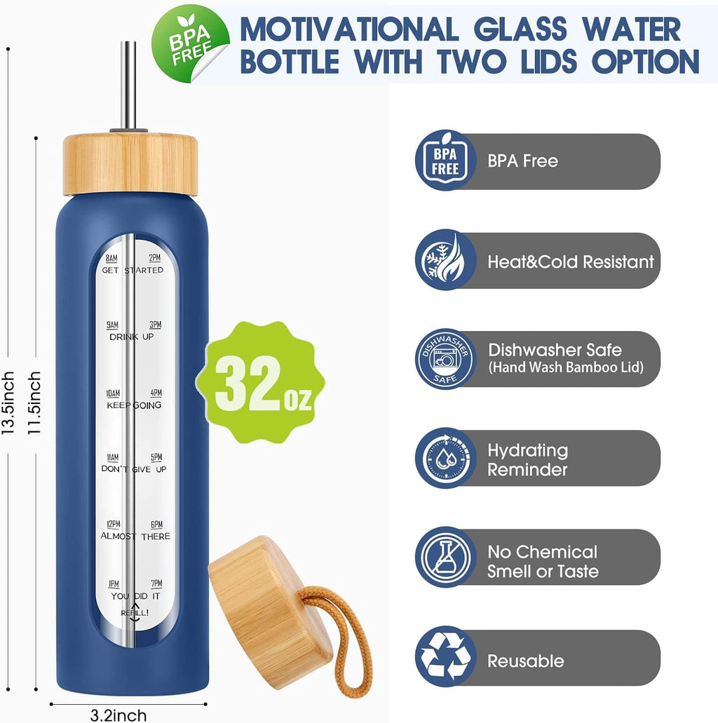 32 oz Glass Water Bottle with Straw - Motivational Time Marker & Silicone Sleeve - Reusable Tumbler Includes 2 Bamboo
