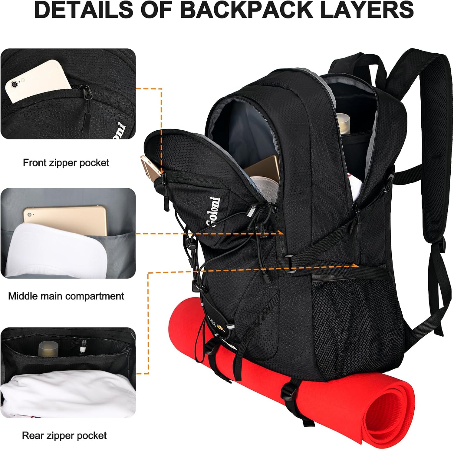 45L Hiking Backpack Lightweight Foldable, Waterproof Camping Backpack with Rain Cover & Hiking Pole Mat Carrying
