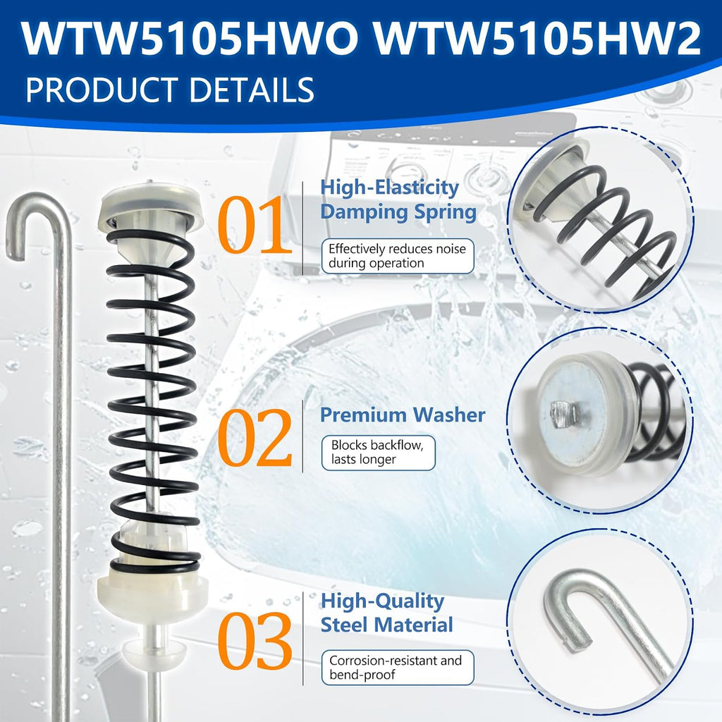 New WTW5105HW2 WTW5100HC0 WTW5105HW0 MVW6230HW2 WTW5057LW0 WTW5100HC2 Washer Suspension Rods(4PCS), Fit for Whirlpool Kenmore Maytag Washer MVW6230HW0 WTW5100HW0 MVW6200KW2