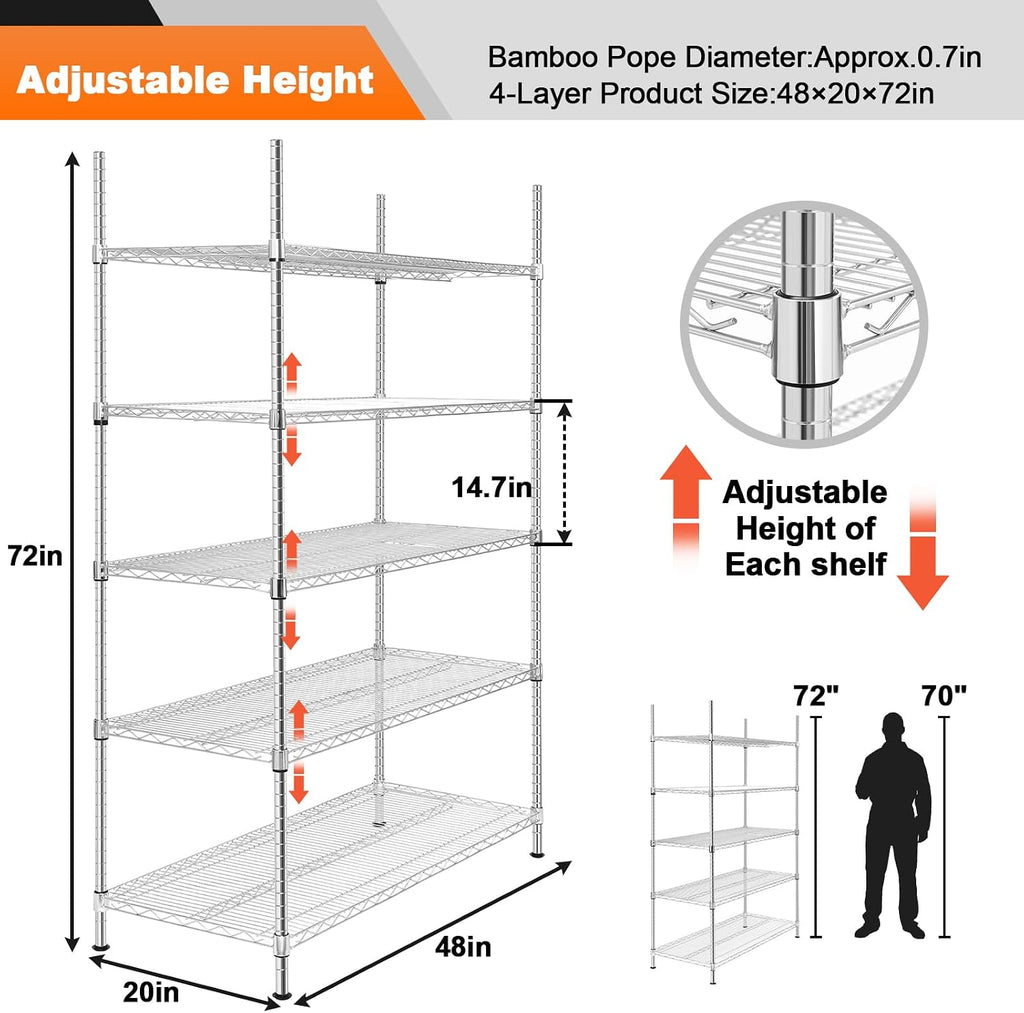 5 Tier Chrome Storage Racks and Shelving - 48" L x 20" W x 72" H Heavy Steel Material Pantry Shelves - Each Unit