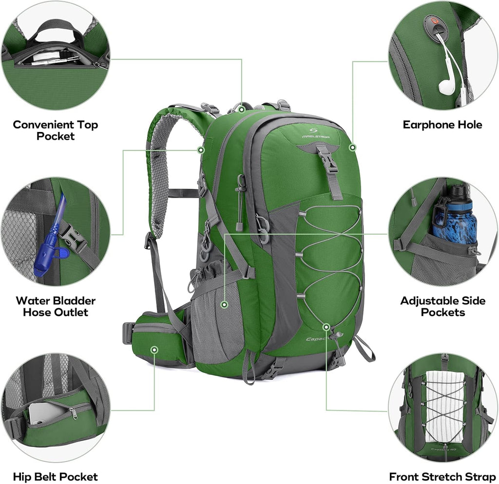40L Hiking Backpack, Lightweight Camping Daypack with Rain Cover | Water-Resistant Rip-Stop Nylon, Wet/Dry