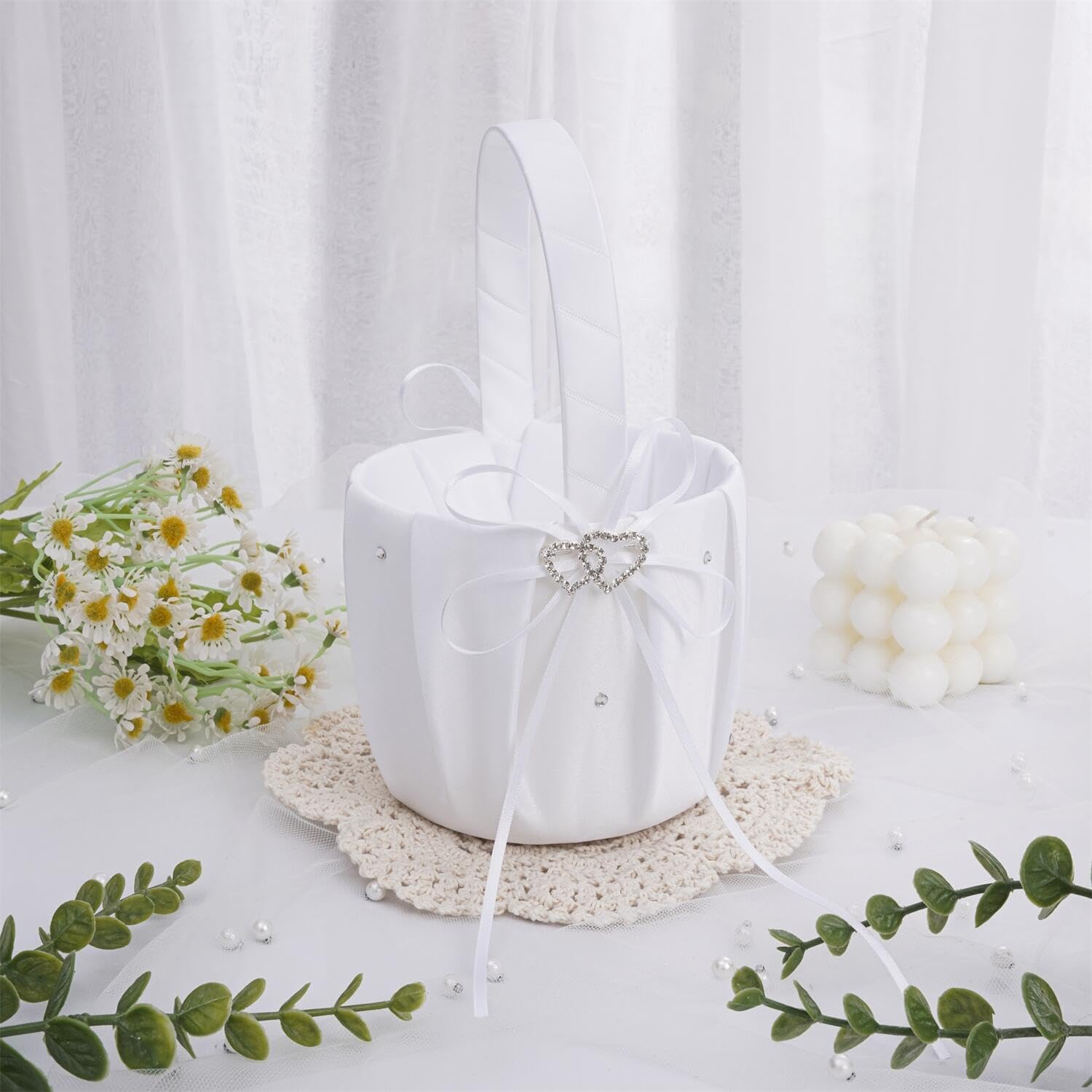 Wedding Ring Pillow and Flower Girl Basket Set – Adorned with Pearl Rhinestones, White Satin,White