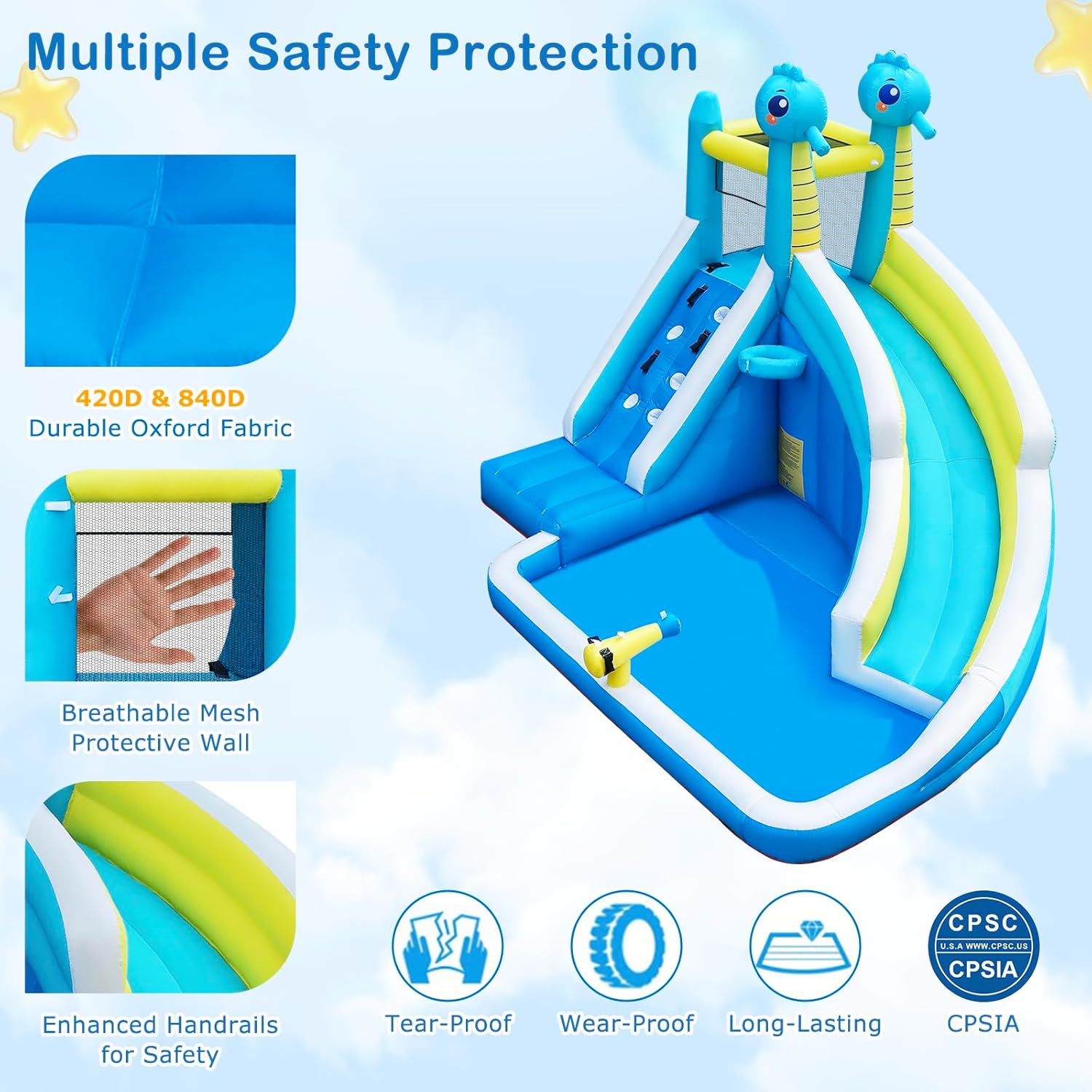 Inflatable Water Slide for Kids Backyard, 5-in-1 Bounce House with Climbing Wall, Splash Pool, Water Cannon &