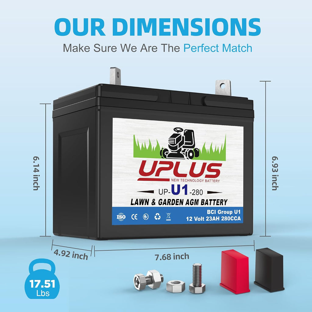 UPLUS U1 Riding Lawn Mower Battery, 12V 280CCA Garden Tractors Battery | Maintenance Free AGM Batteries, Fit for John