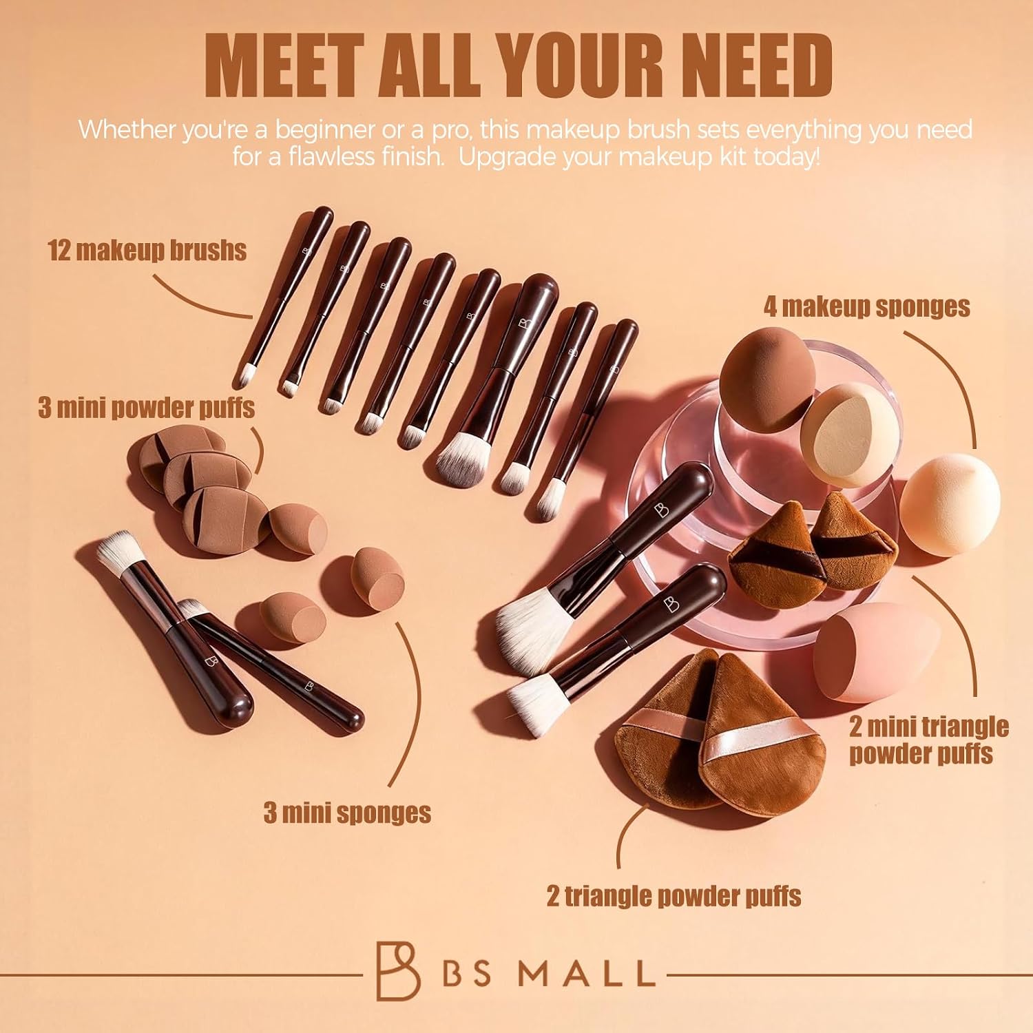 Travel Makeup Brush Set BS-MALL Makeup Sponges - Includes Foundation Brush, Powder Puff, Finger Sponges & Triangle