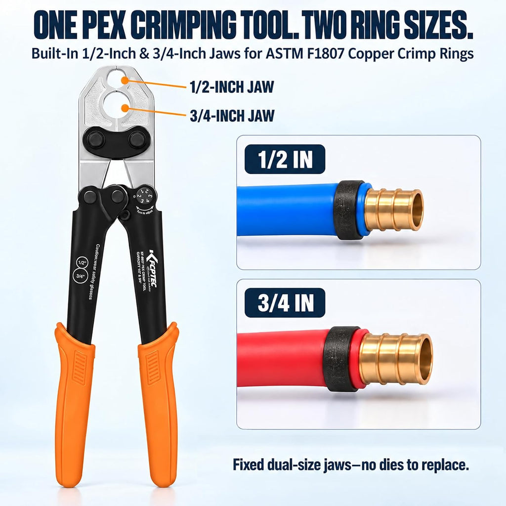 KF CPTEC PEX Crimping Tool, 1/2 & 3/4-Inch Copper Ring Crimper, ASTM F1807