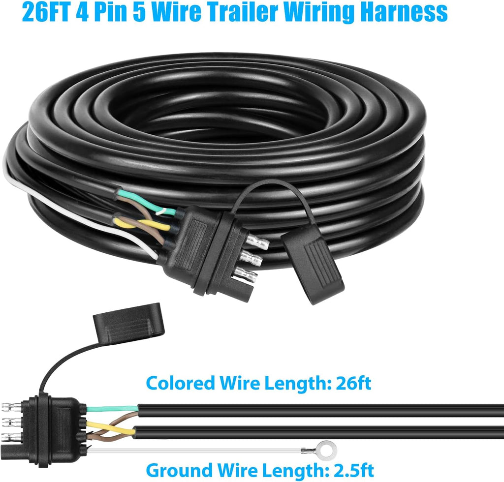 26FT 4 Pin 5 Wire Trailer Wiring Harness, 16AWG Trailer Light Wiring Kit with PVC Jacketed, Waterproof 4 Way Flat 5