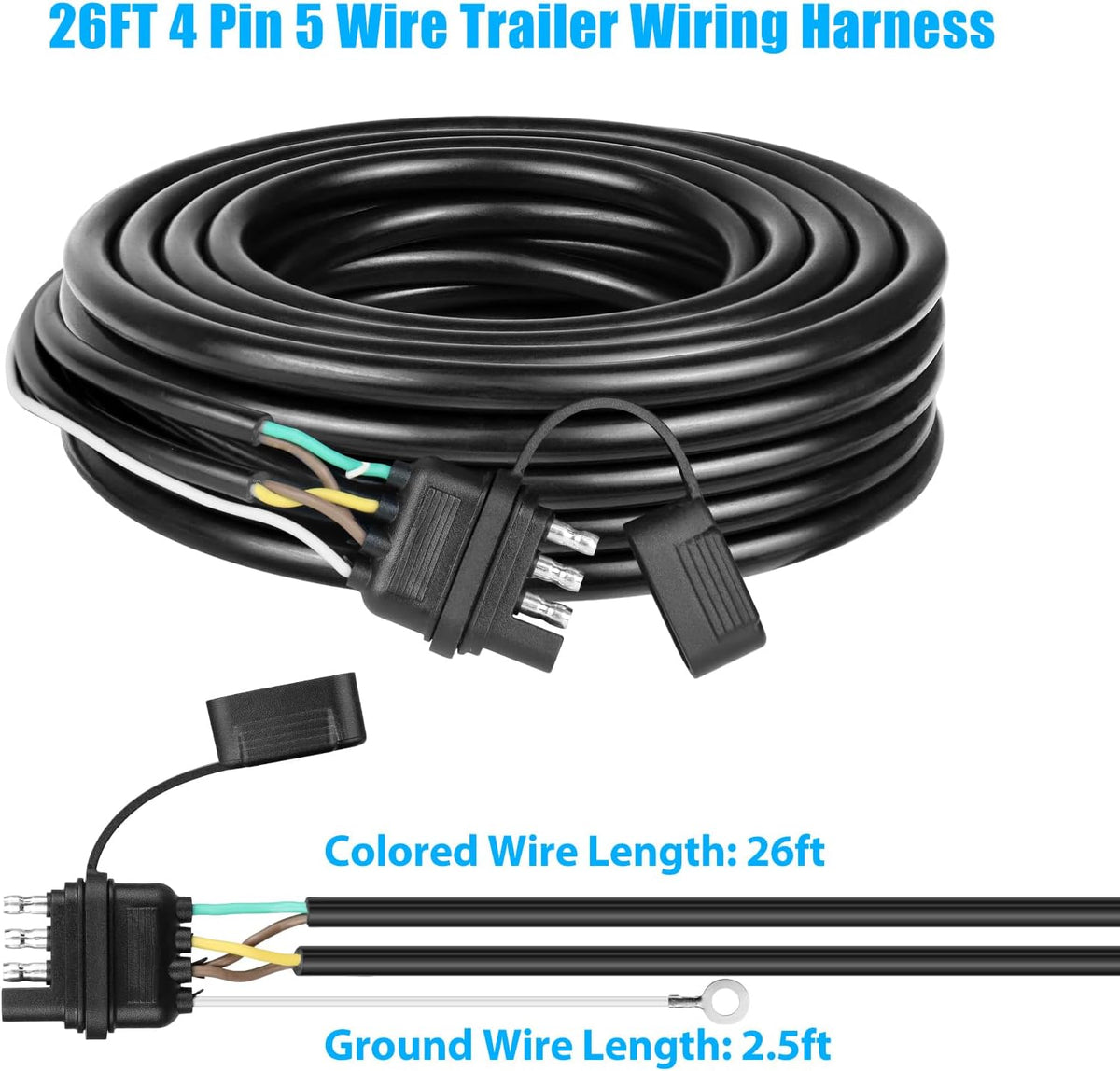 26FT 4 Pin 5 Wire Trailer Wiring Harness, 16AWG Trailer Light Wiring Kit with PVC Jacketed, Waterproof 4 Way Flat 5
