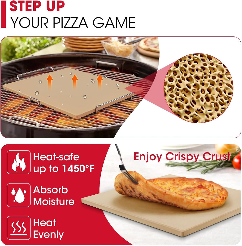 16 x 14 Inch Pizza Stone for Oven and Grill, Comes with Carry Rack