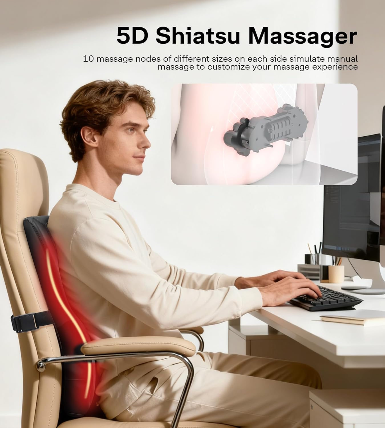 Heated Back Massager for Back Pain Relief, Deep Tissue Shiatsu Lumbar Support Pillow with 3 Massage Modes, 3