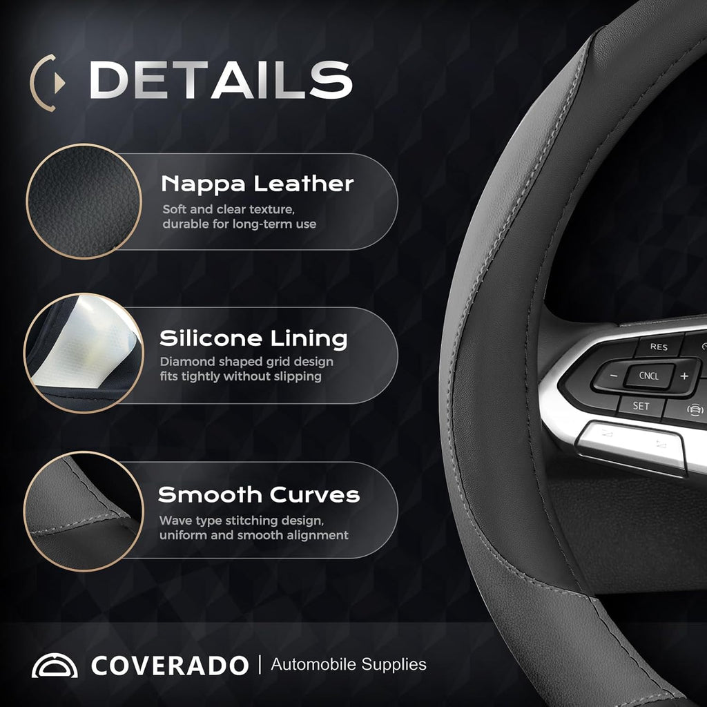 Car Steering Wheel Cover, Nappa Leather Black & Gray Steering Wheel Covers, Universal 14-15 inch, Anti-Slip