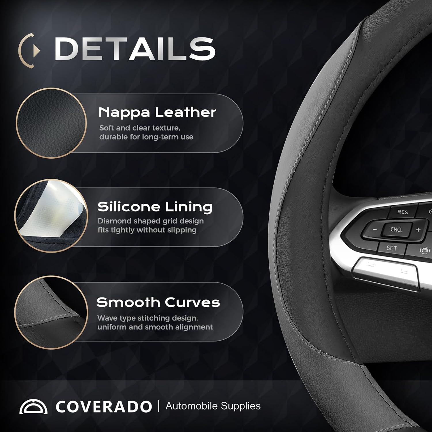 Car Steering Wheel Cover, Nappa Leather Black & Gray Steering Wheel Covers, Universal 14-15 inch, Anti-Slip