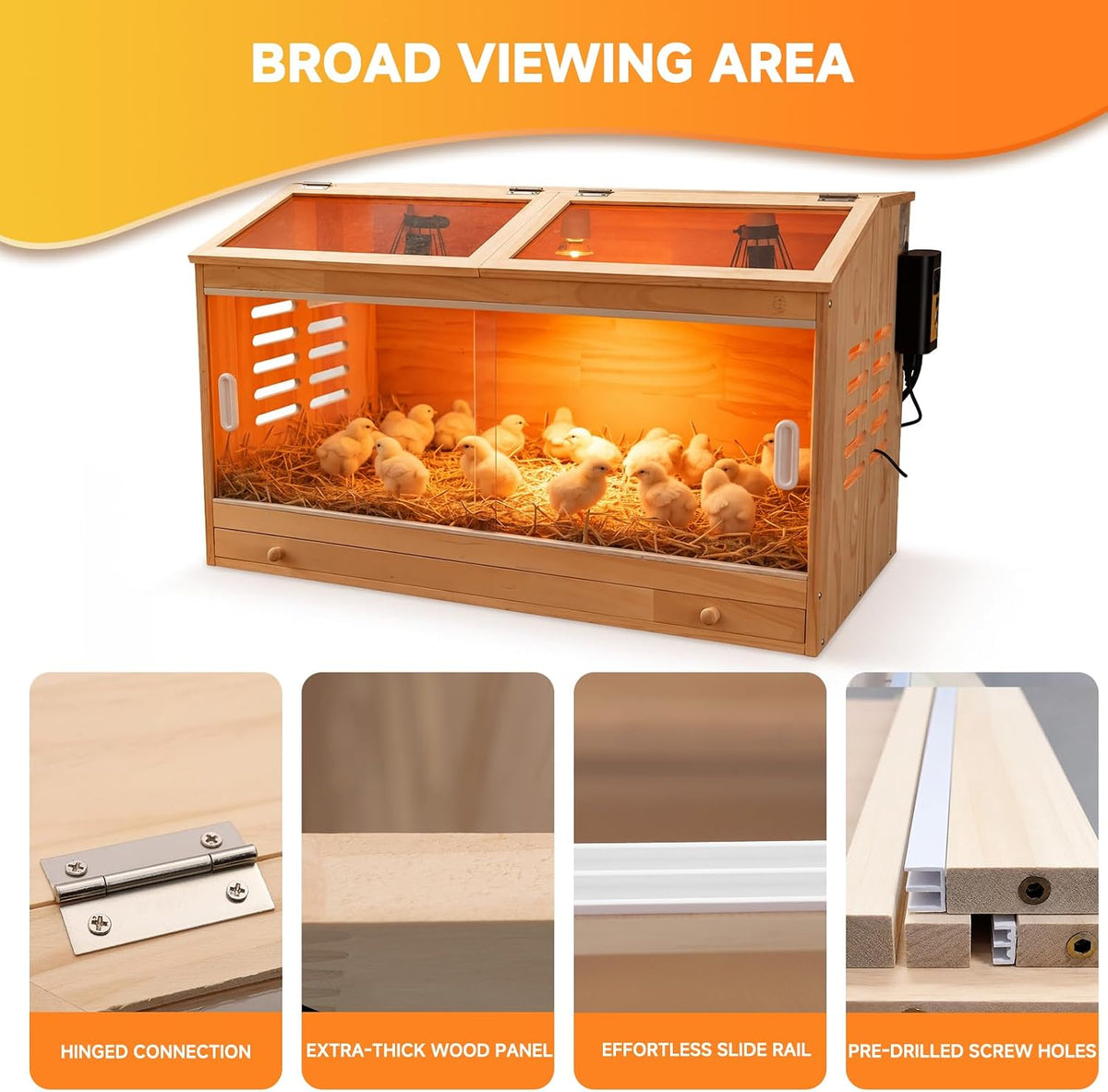 Chicken Brooder Box for Chicks with Adjustable Heating Lamps, Large Wooden Indoor Chick Brooder with Pull-Out Tray