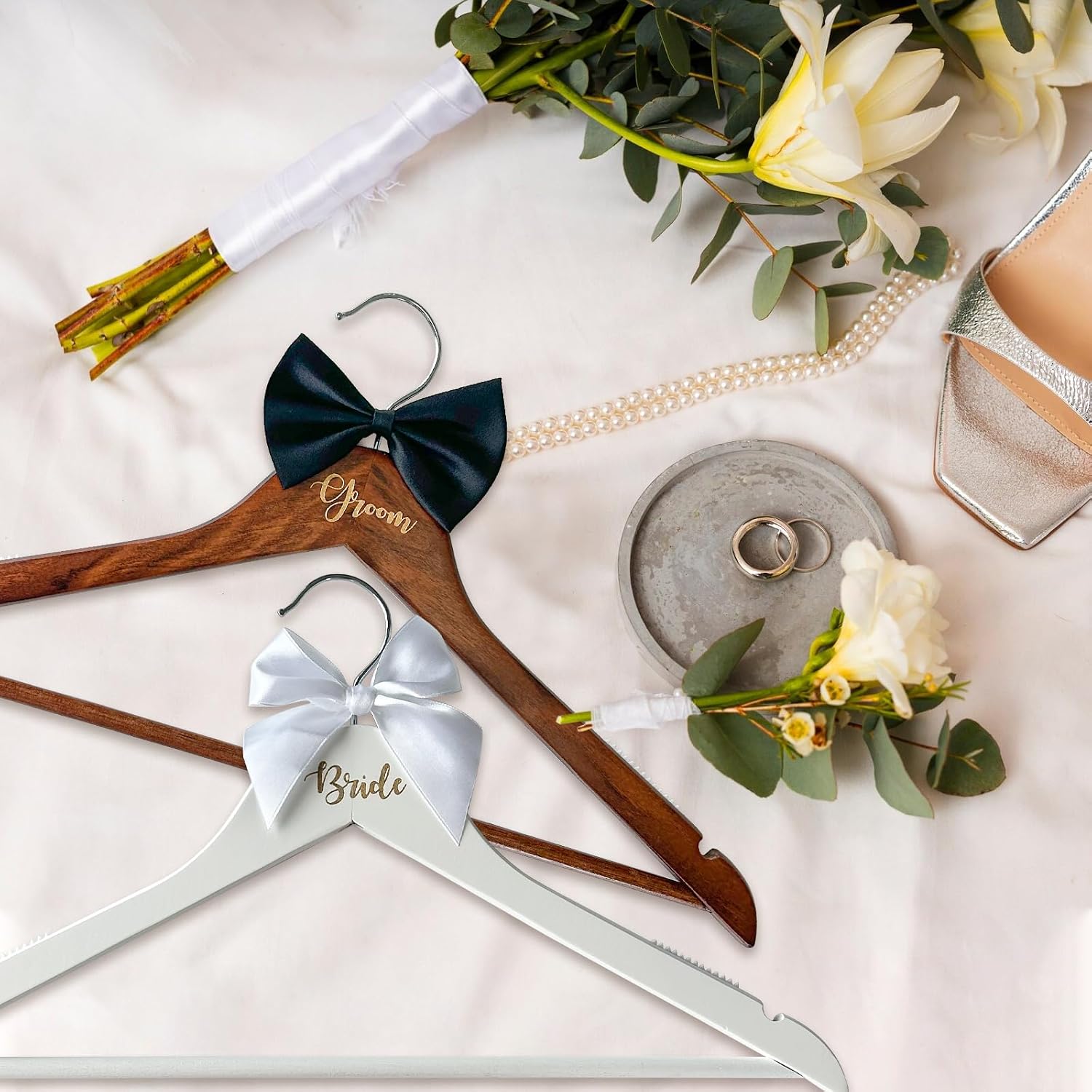 Groom Bride Hanger for Wedding Dress or Suit - 2 Pack Wedding Hangers Gifts Accessories - Bridal Hanger with Bow Tie