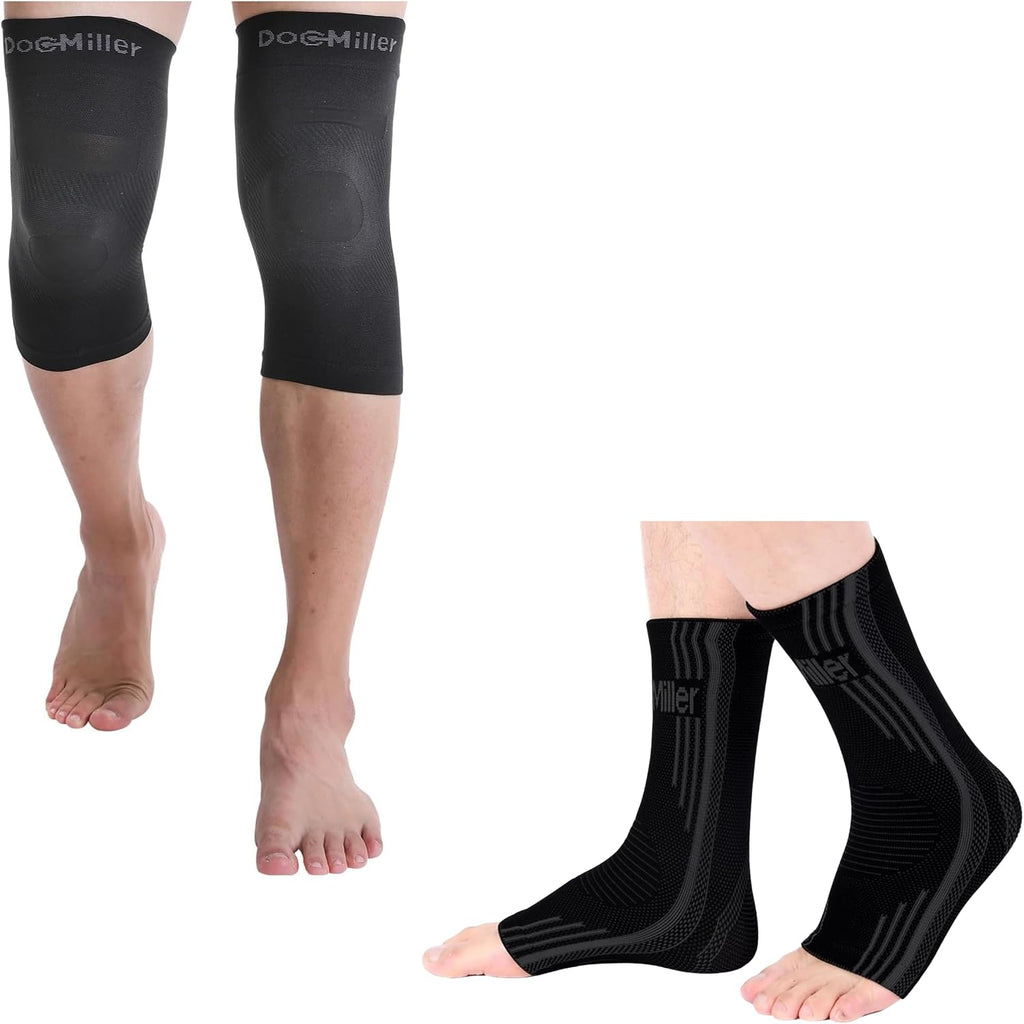 Medium Size - Black | 1 Pair Knee Compression Sleeve & 1 Pair Ankle Brace | Compression Support for Men & Women |