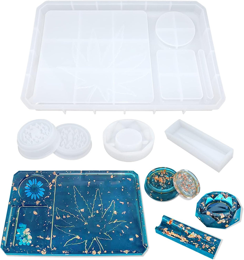 Silicone Resin Casting Molds Pack of 5 | Epoxy Resin Molds with Large Rolling Tray & Herb Grinder Mold for DIY Resin