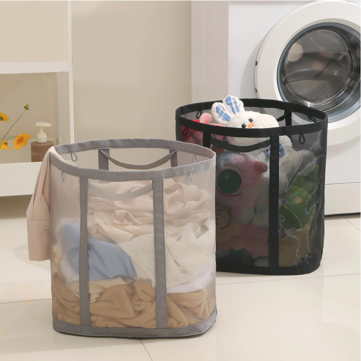 Mesh Bag with Handles, Collapsible Laundry Basket, Foldable Laundry Bag, Breathable Folding Beach Bag,Space-saving