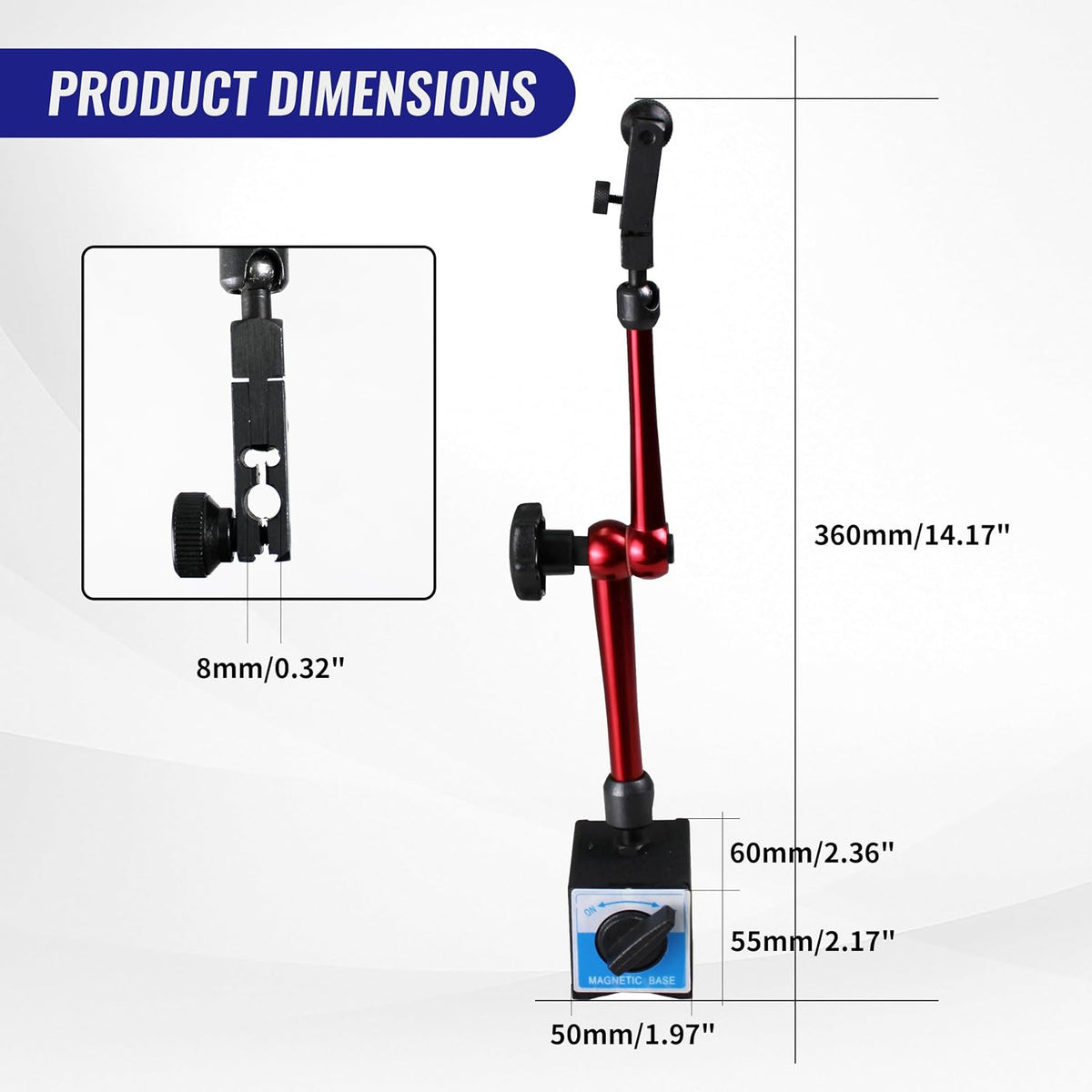 HFS (R) 132lbs/60kg Max Pull Clamping Hole Diameter 8mm Magnetic Base Adjustable Metal Test Indicator Holder Digital Level 14" - Tool Stand