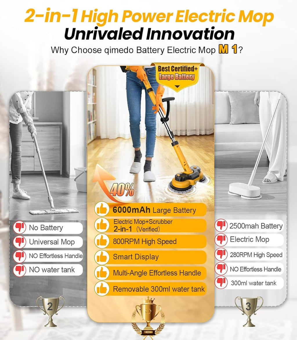 Cordless Electric Mop M1, 2-in-1 Spin Mop & Floor Scrubber | 800RPM electric floor Machine, 6000mAh Battery, Smart