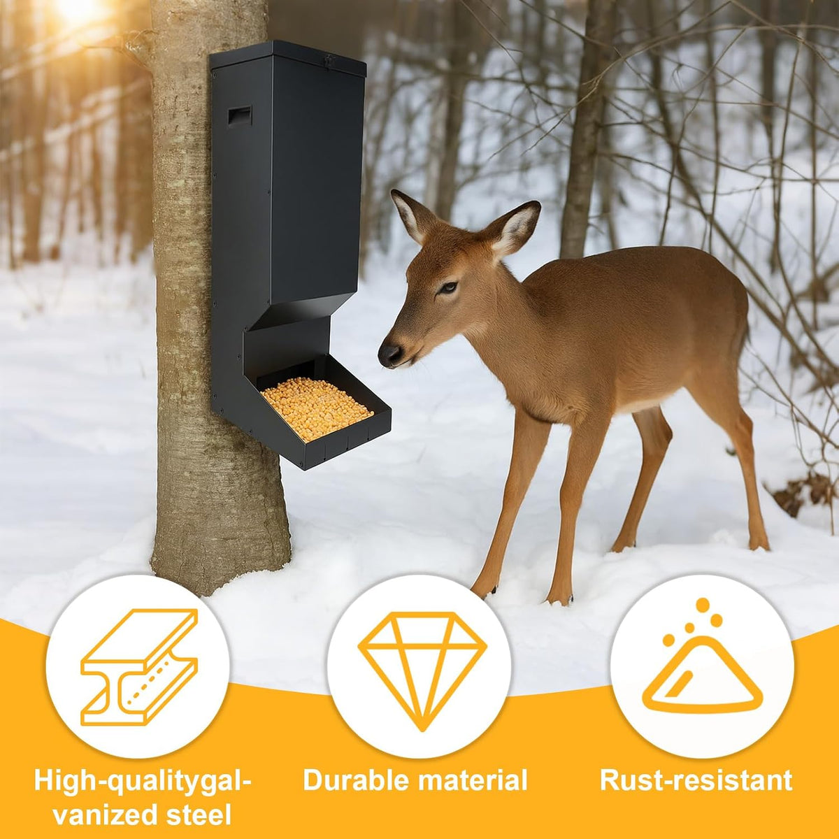 11 Gallon Deer Feeder, Hanging Metal Gravity Dispenser, Waterproof