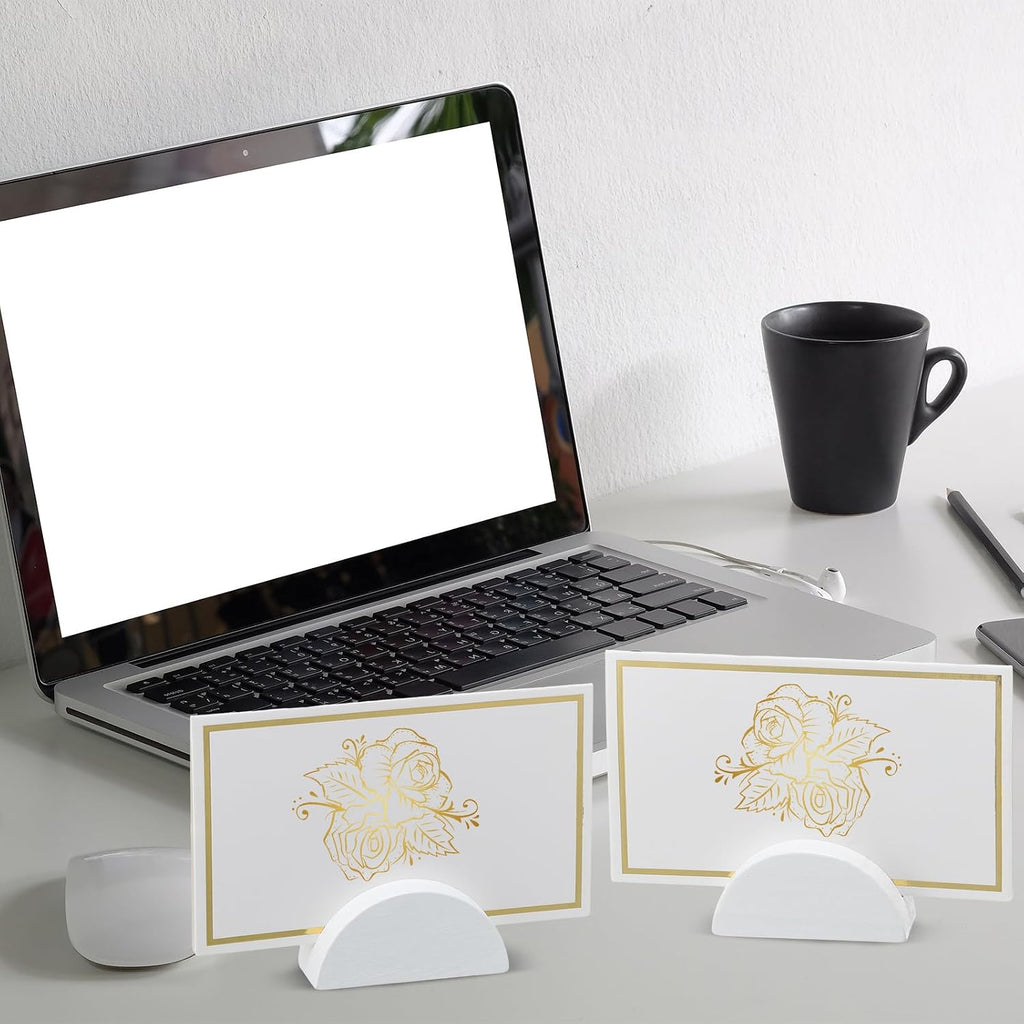 24 Pcs Wooden Table Number Stands with Tented Cards,White | Place Card Holders for Weddings, Semicircle Wood Base