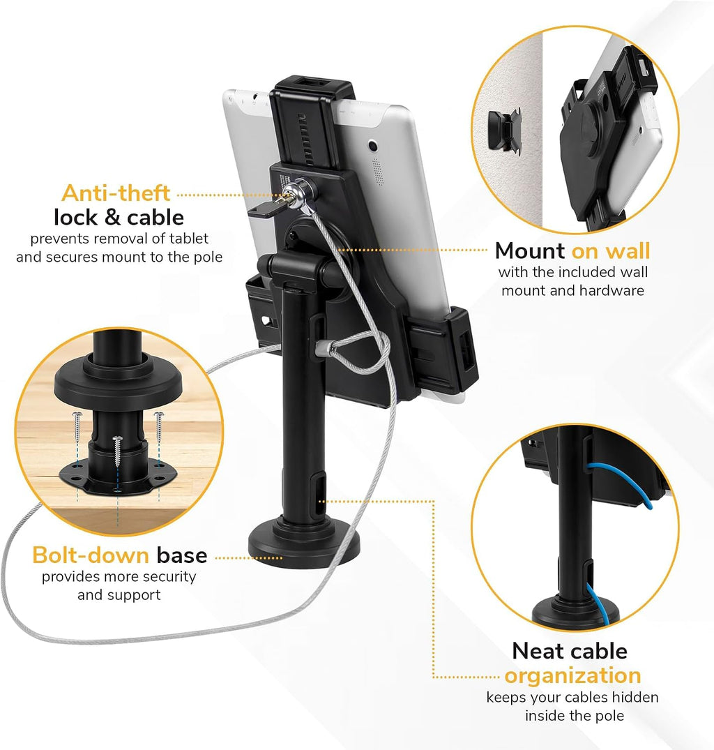Universal Tablet POS Kiosk Stand with Cable Lock & Wall Mount Bracket, Adjustable Clamp for 7.9"–11" Tablets (Fits